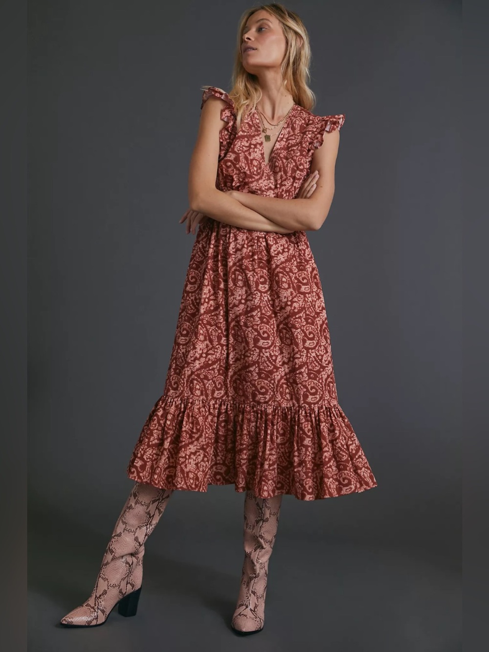 ANTHROPOLOGIE ALTAMIRA RED MIDI DRESS by ATSU Size Small